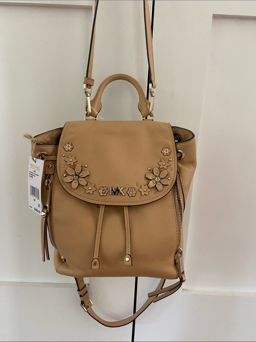 Michael Kors Tan Floral-Appliqué Leather Shoulder Backpack
